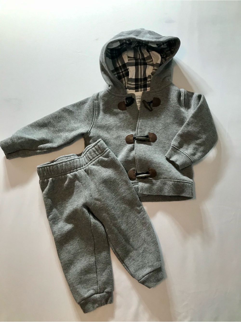 Carter's Gray Hooded Sweatshirt & Jogger Set with Plaid Lining